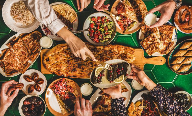 traditional middle easter food for iftar, ramadan, break fast served on a table