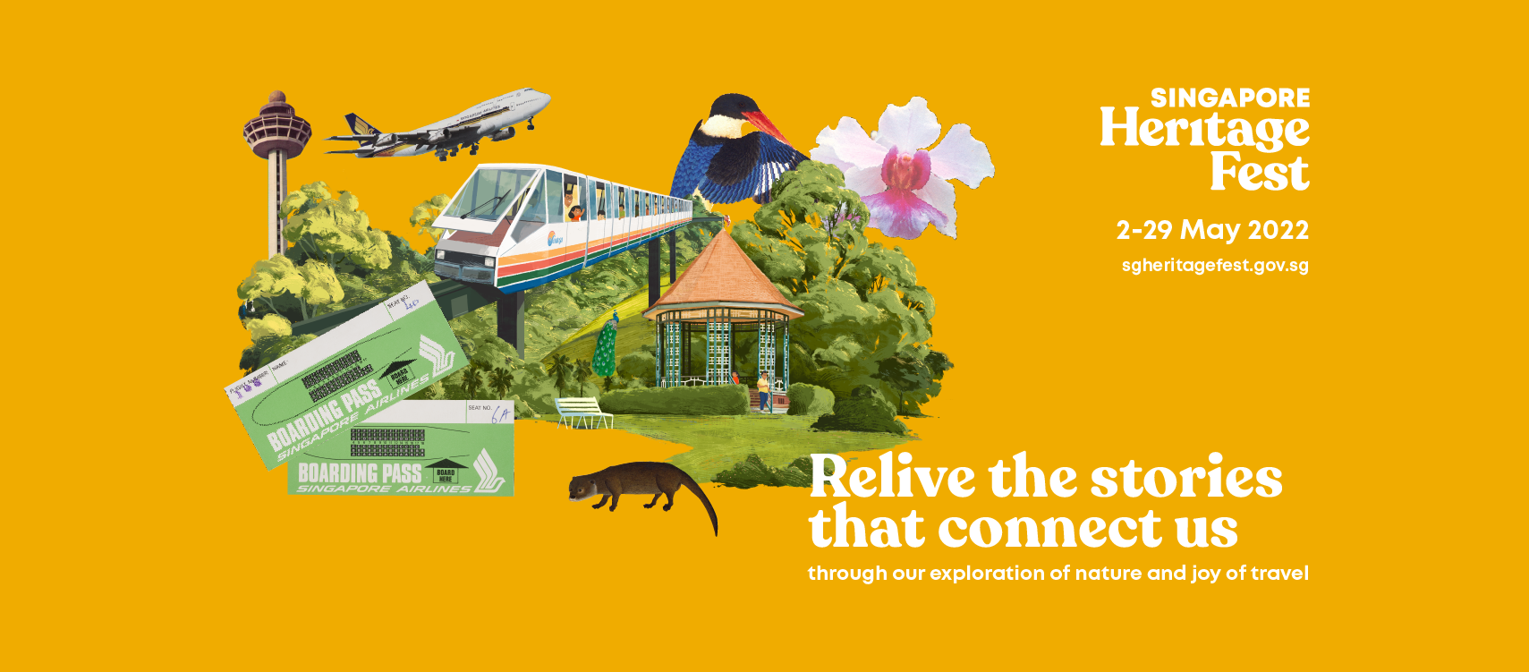singapore heritage fest poster showcasing plane, bird, otter and nature