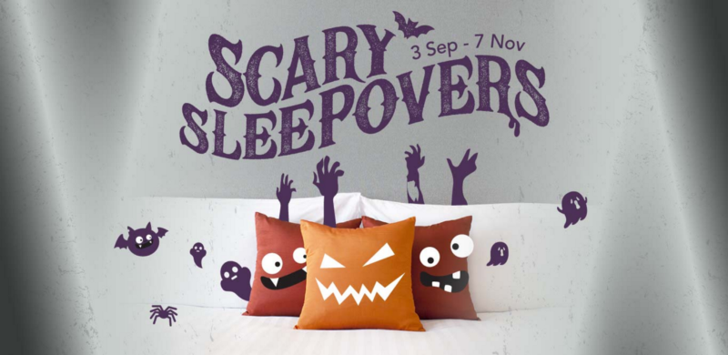 scary sleepovers poster featuring 3 monster-esque pillows
